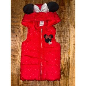 Disney Junior Minnie Mouse Red Glitter Polka Dot Hooded Puffer Vest 3T Ear Bow